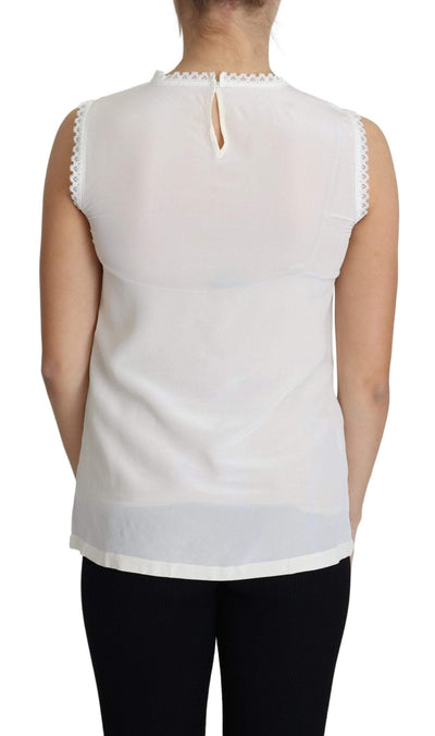 Dolce & Gabbana White Blouse Silk Lace Trimmed Sleeveless Top #women, Dolce & Gabbana, feed-agegroup-adult, feed-color-White, feed-gender-female, feed-size-IT38|XS, IT38|XS, Tops & T-Shirts - Women - Clothing, White, Women - New Arrivals at SEYMAYKA