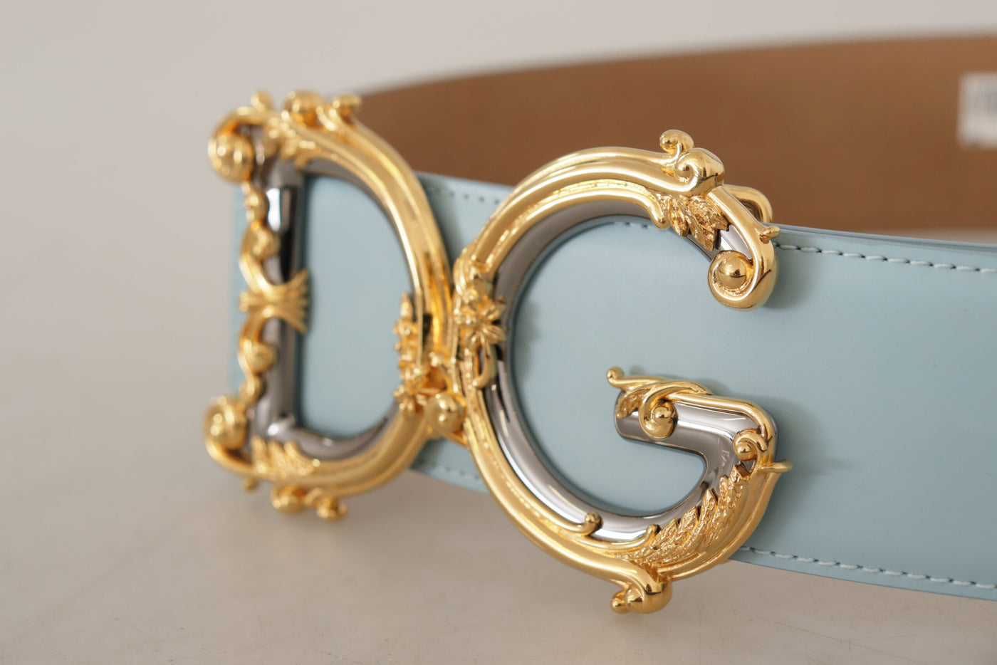 Dolce & Gabbana Blue Leather Wide Waist DG Logo Baroque Gold Buckle Belt