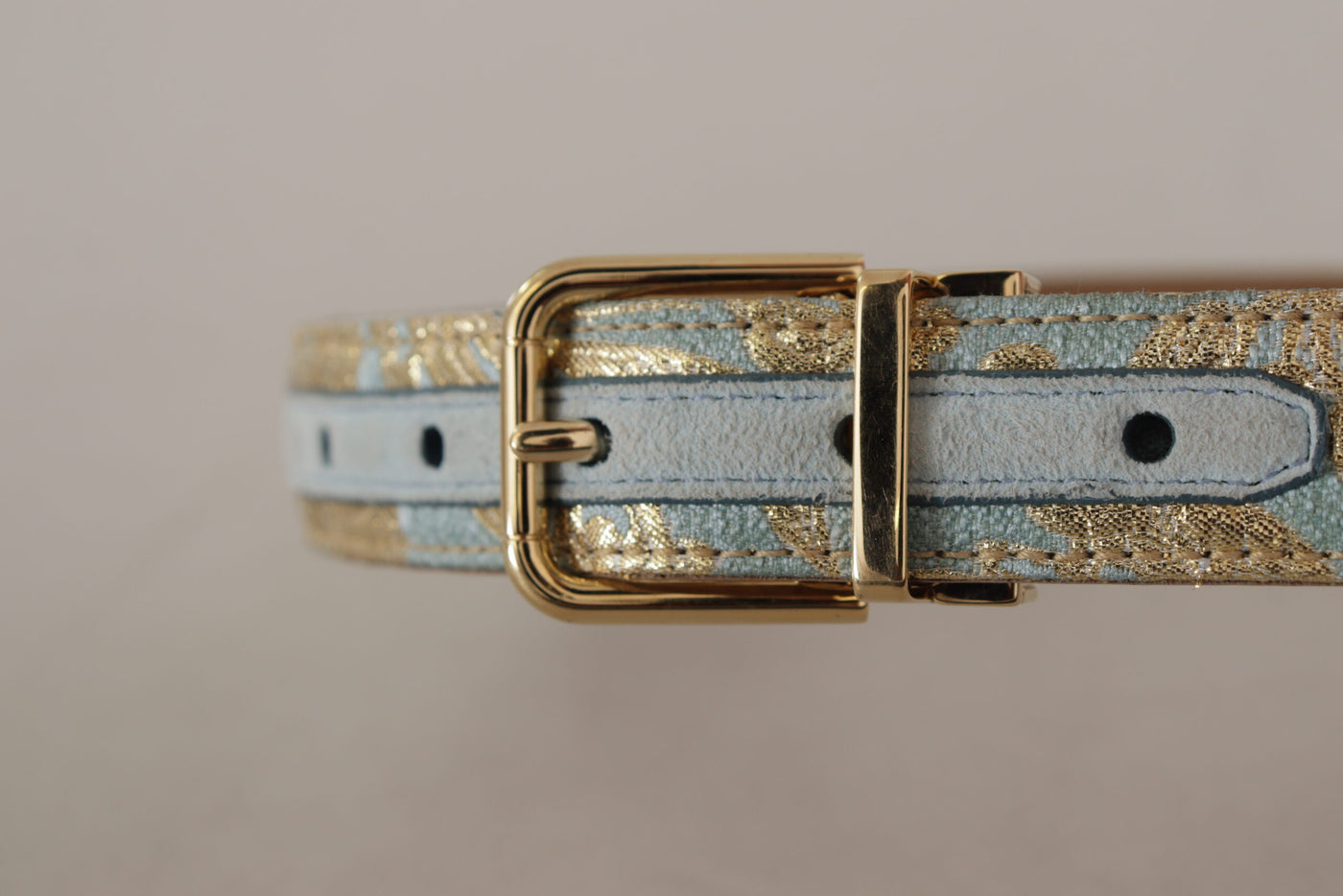 Dolce & Gabbana Blue Leather Jacquard Embossed Gold Metal Buckle Belt