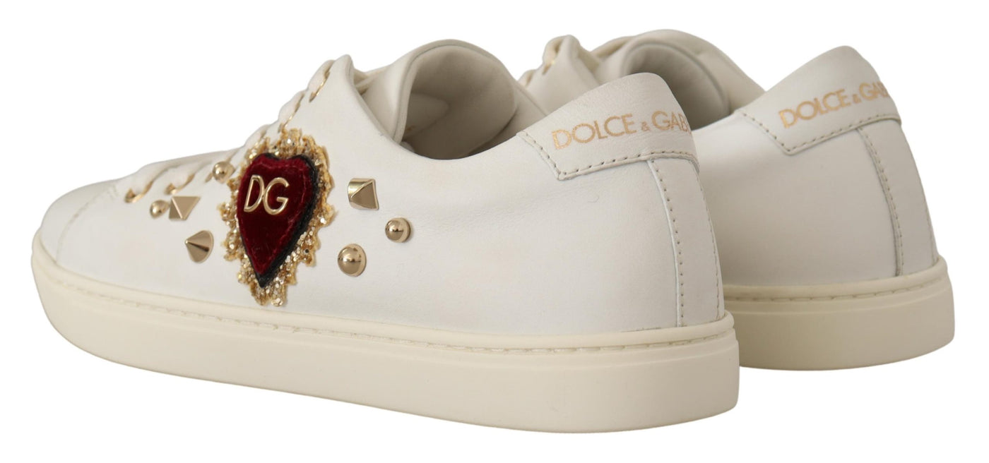 Dolce & Gabbana White Leather Gold Red Heart Sneakers Shoes
