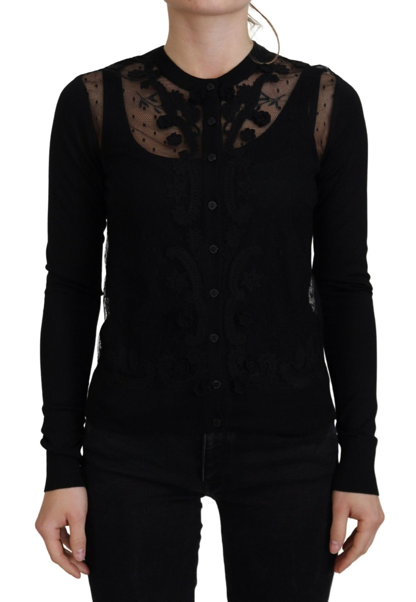 Black Floral Lace Button Cardigan Sweater