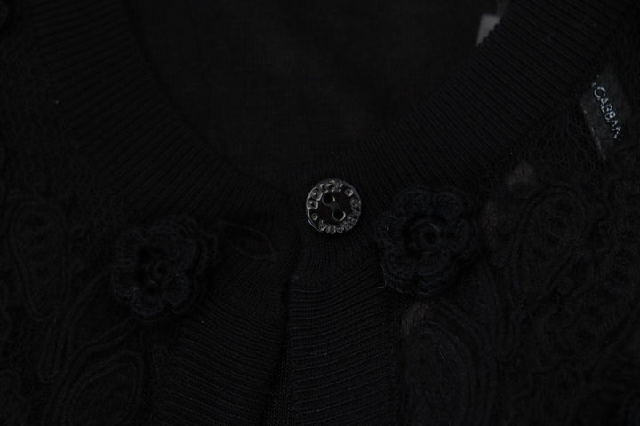 Black Floral Lace Button Cardigan Sweater