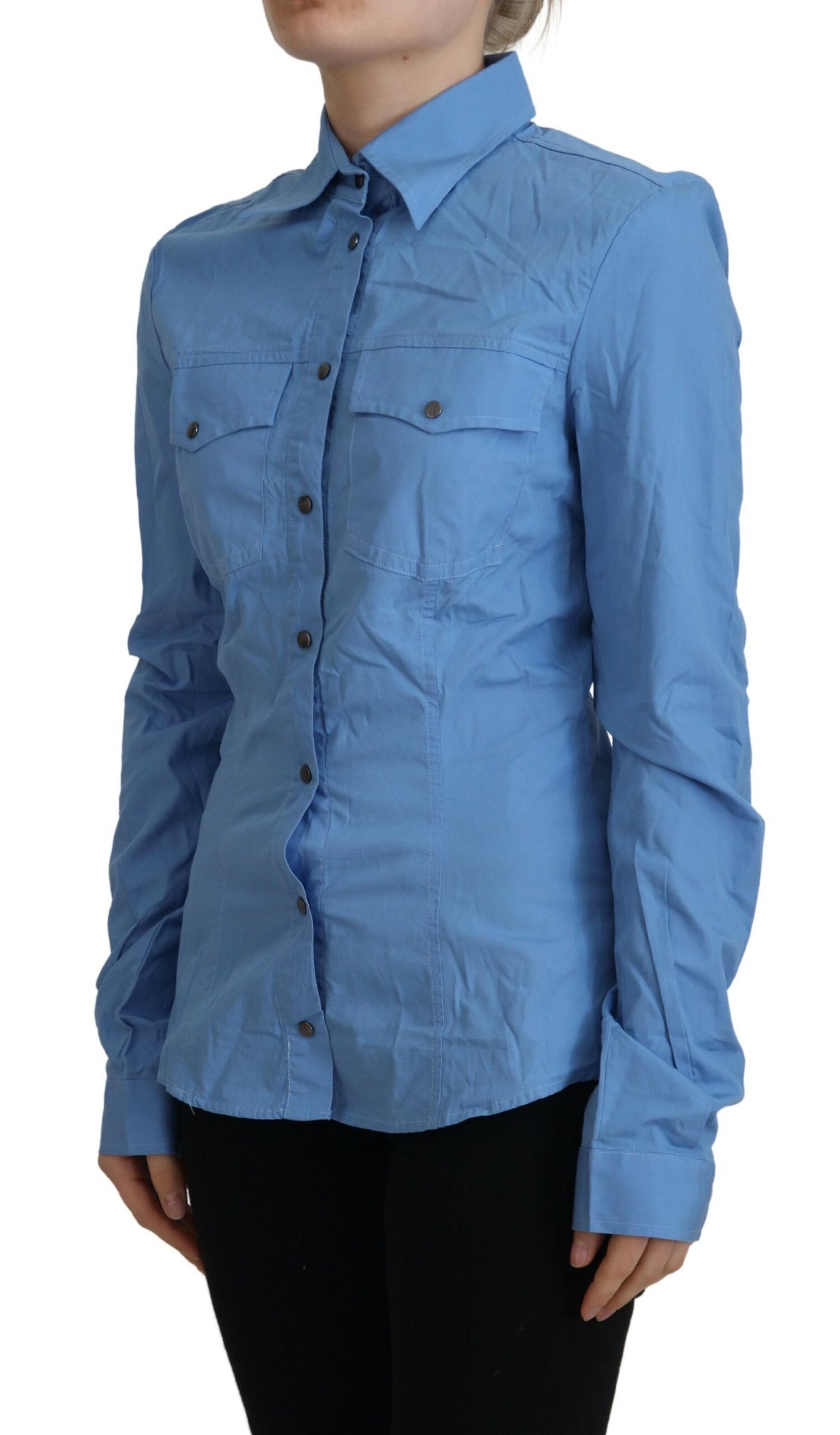 Blue Cotton Long Sleeves Collared Button Down Top