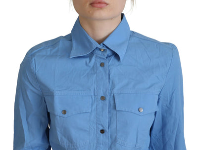Blue Cotton Long Sleeves Collared Button Down Top