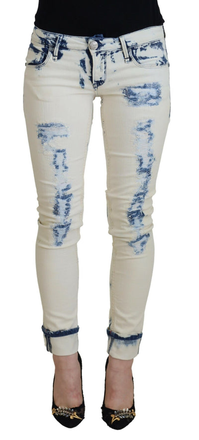 White Blue Cotton Skinny Women Tattered Denim Jeans