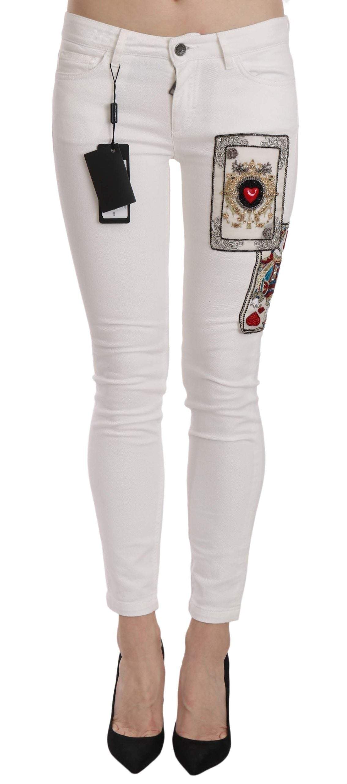Queen Of Hearts Crystal Skinny Jeans Dolce & Gabbana, IT38|XS, Jeans & Pants - Women - Clothing, White, Women - New Arrivals at SEYMAYKA