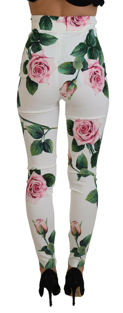 White Rose Print High Waist Pants