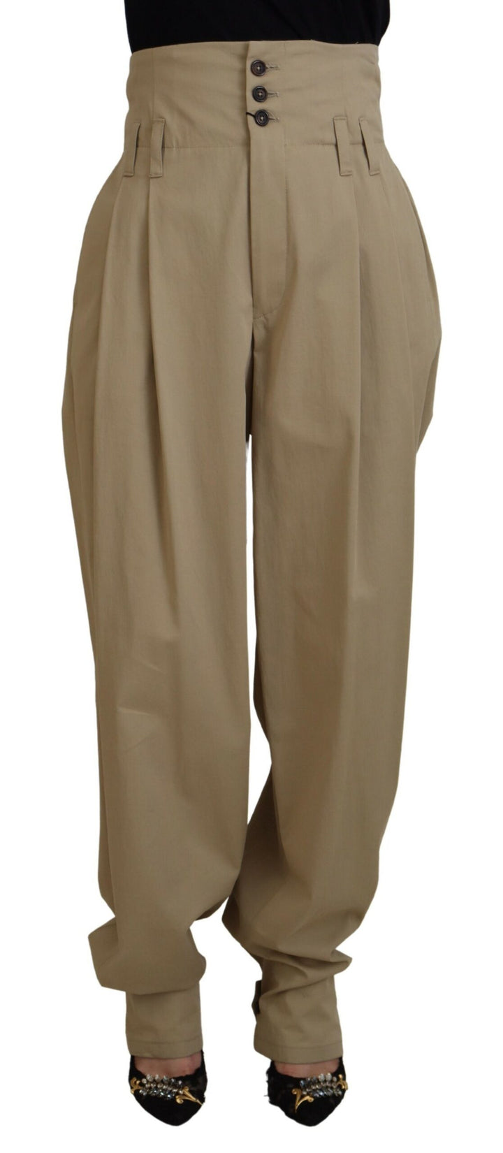 Brown Cotton High Waist Tapered Pants