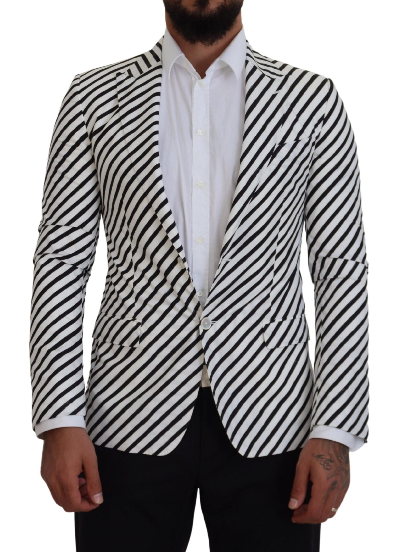 Dolce & Gabbana White Black Striped Slim Fit Jacket Blazer