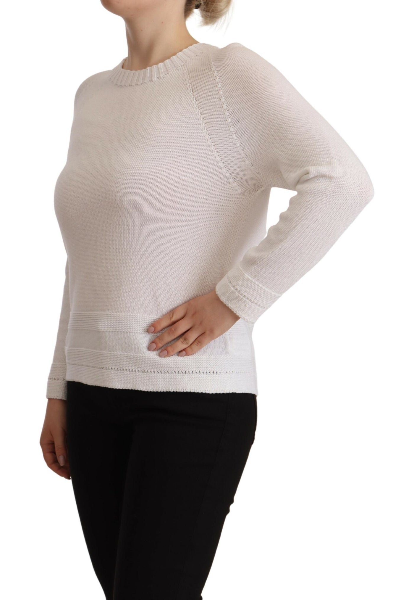 Alpha Studio White Long Sleeves Crewneck Pullover Sweater