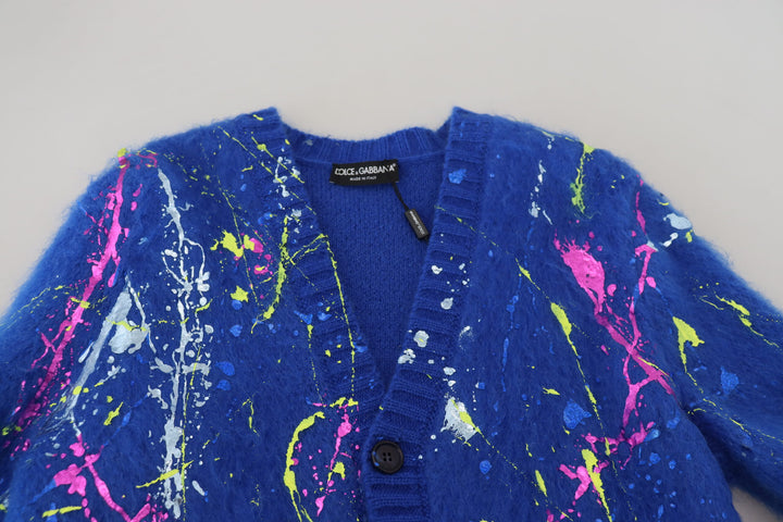 Blue Color Splash Mohair Cardigan  Sweater