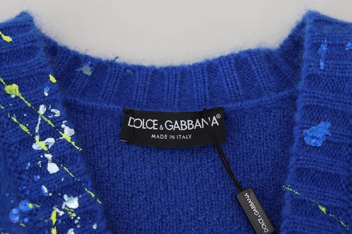Blue Color Splash Mohair Cardigan  Sweater