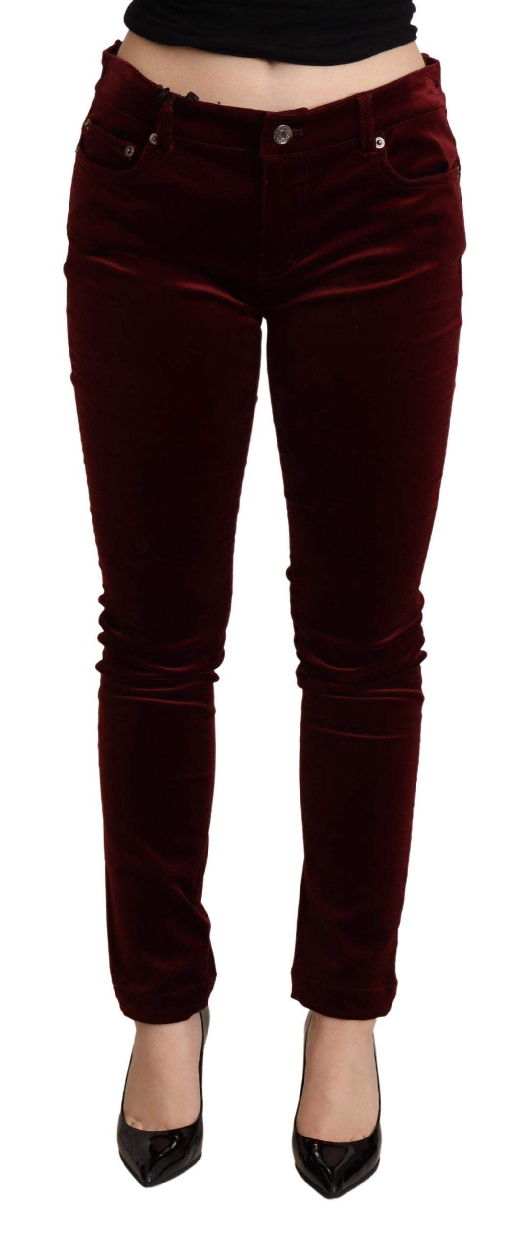 Dolce & Gabbana Bordeaux Red Velvet Skinny Trouser Dolce & Gabbana, feed-agegroup-adult, feed-color-Red, feed-gender-female, IT36 | XS, Jeans & Pants - Women - Clothing, Red at SEYMAYKA
