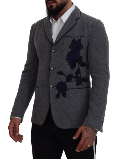 Dolce & Gabbana Gray Wool Roses Slim Fit Jacket Blazer