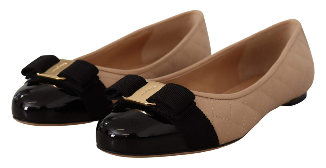 Salvatore Ferragamo Beige and Black Nappa Leather Ballet Flat Shoes Beige, EU35.5/US5, EU35/US4.5, EU39.5/US9, EU39/US8.5, feed-1, Flat Shoes - Women - Shoes, Salvatore Ferragamo, Sandals - Women - Shoes, Shoes - New Arrivals, Women - New Arrivals at SEYMAYKA