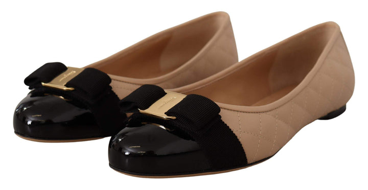 Salvatore Ferragamo Beige and Black Nappa Leather Ballet Flat Shoes Beige, EU35.5/US5, EU35/US4.5, EU39.5/US9, EU39/US8.5, feed-1, Flat Shoes - Women - Shoes, Salvatore Ferragamo, Sandals - Women - Shoes, Shoes - New Arrivals, Women - New Arrivals at SEYMAYKA