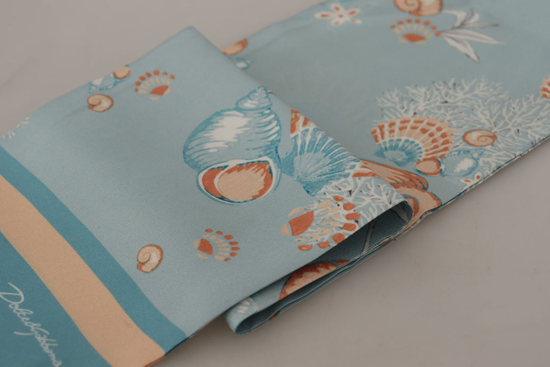 Dolce & Gabbana Blue Silk Shiny Shell-Print Neck Wrap Fringed Scarf