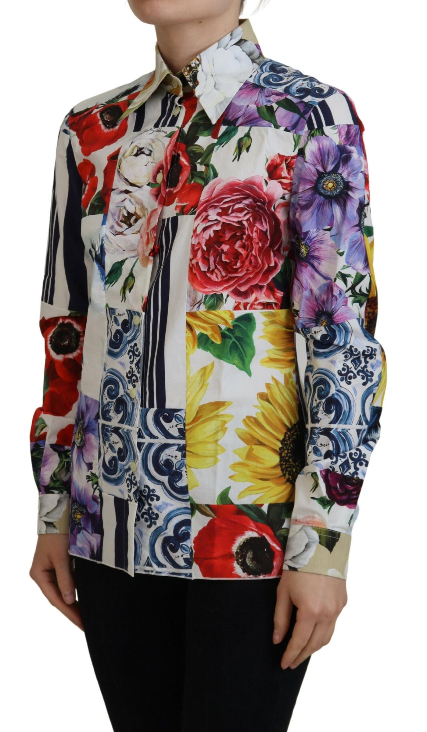 Multicolor Floral Cotton Collared Blouse Top
