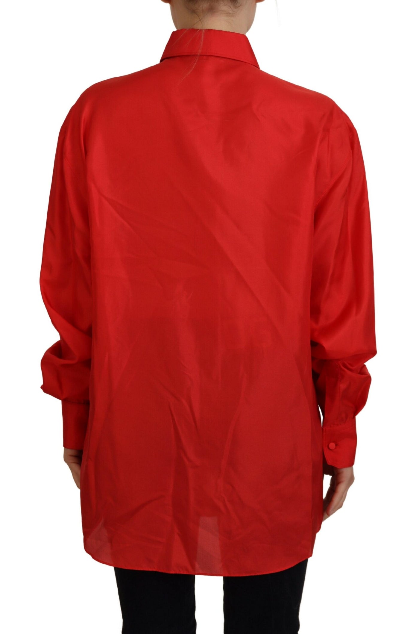 Red Silk Collared Long Sleeves Dress Shirt Top