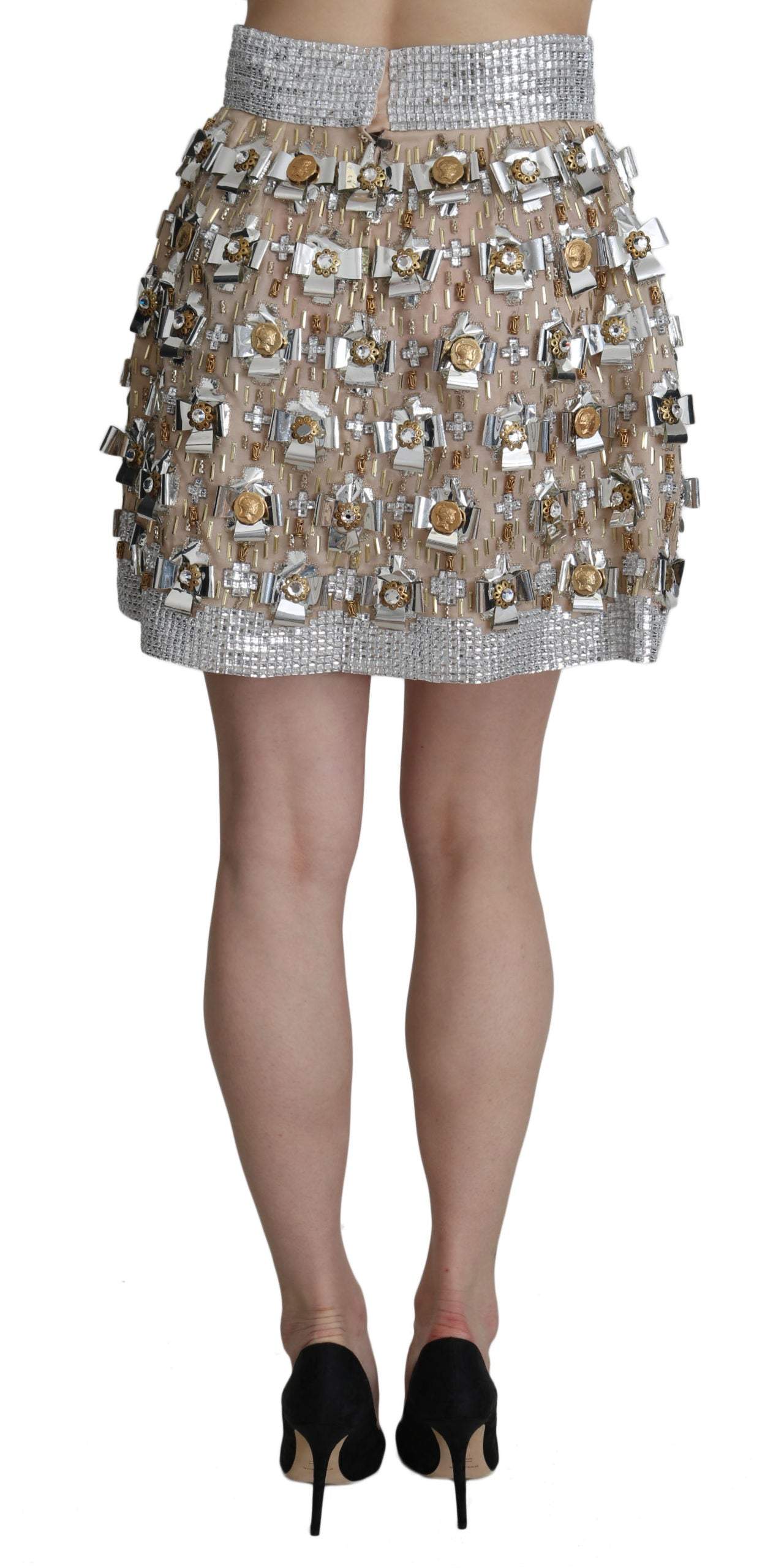 Dolce & Gabbana Silver Silk Crystal High Waist Mini Skirt Dolce & Gabbana, feed-agegroup-adult, feed-color-Silver, feed-gender-female, IT42|M, Silver, Skirts - Women - Clothing at SEYMAYKA
