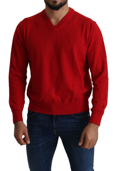 Billionaire Italian Couture Red V-neck Wool Sweatshirt Pullover Sweater #men, Billionaire Italian Couture, feed-agegroup-adult, feed-color-red, feed-gender-male, feed-size-XL, Gender_Men, Men - New Arrivals, Red, Sweaters - Men - Clothing, Sweatshirts - Men - Clothing, XL at SEYMAYKA