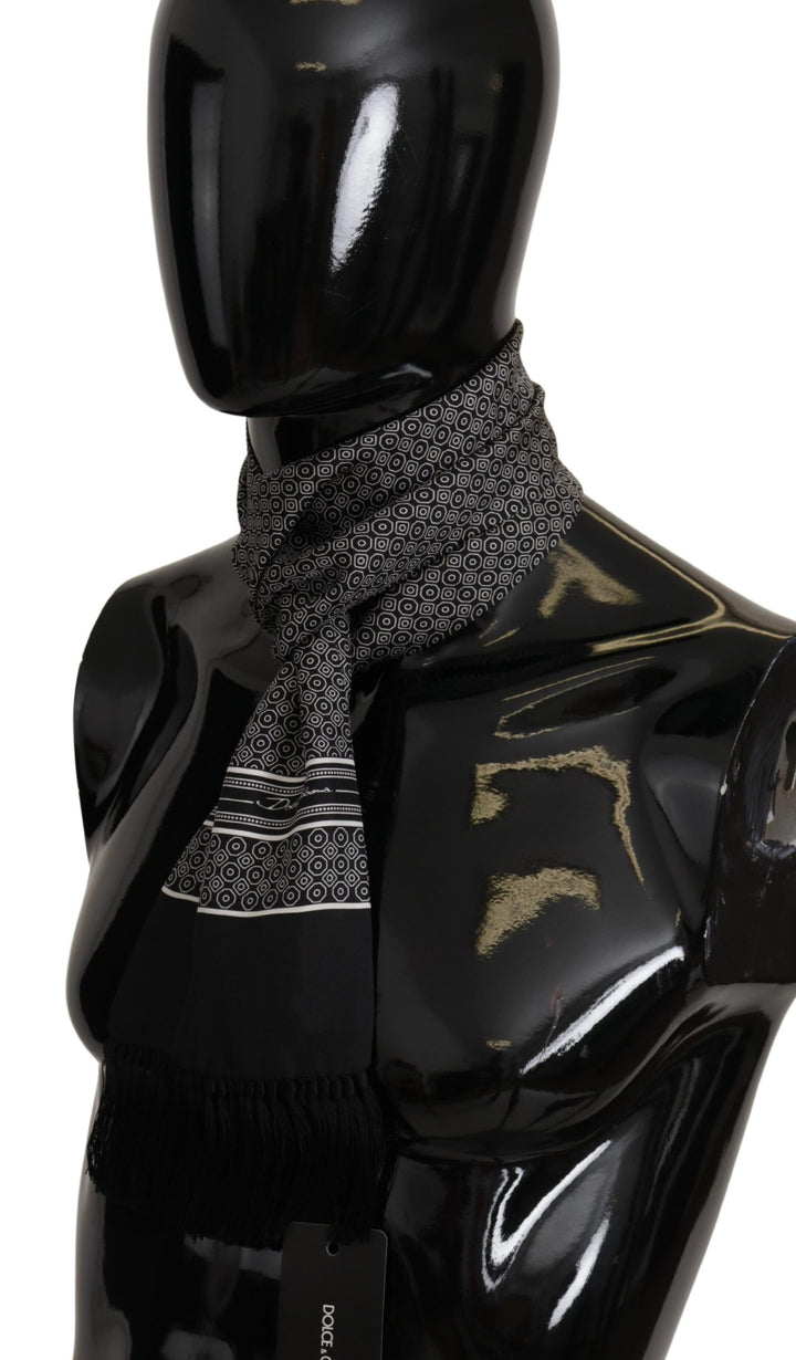 Dolce & Gabbana Black White 100% Silk Geometric Shawl Fringe Scarf