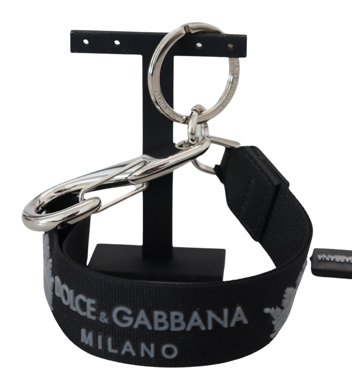 Dolce & Gabbana Black Polyester Logo Silver Tone Brass Keychain