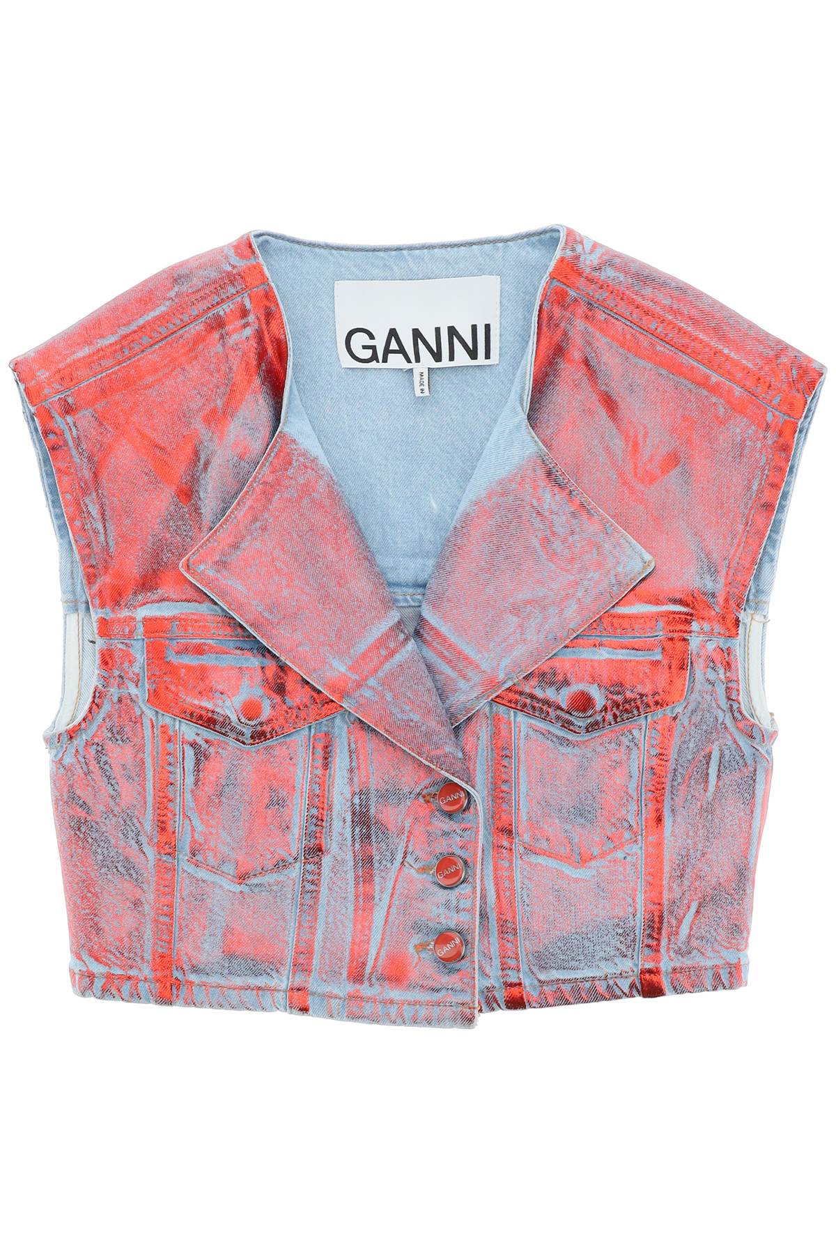 Ganni cropped vest in laminated denim-0