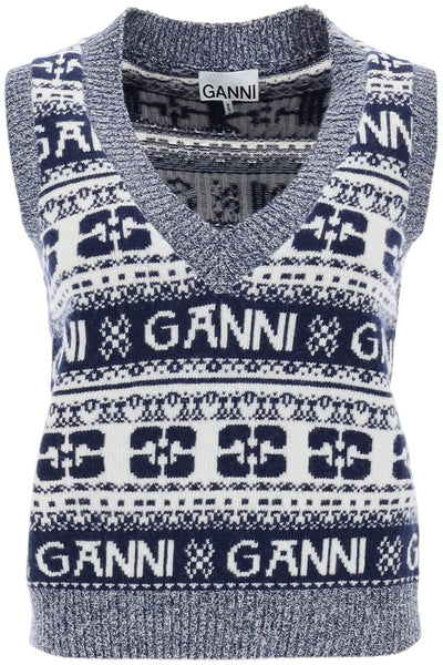 Ganni jacquard wool vest with logo pattern-0