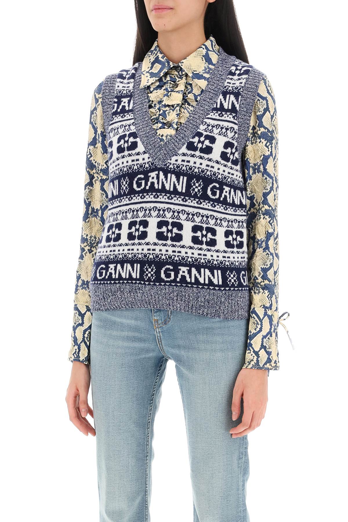 Ganni jacquard wool vest with logo pattern-3