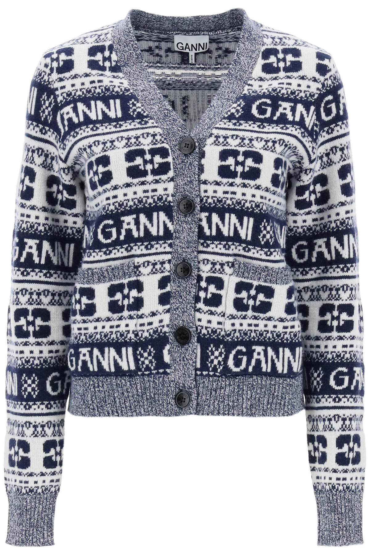 Ganni jacquard wool cardigan with logo pattern-0