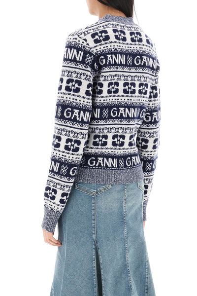 Ganni jacquard wool cardigan with logo pattern-2