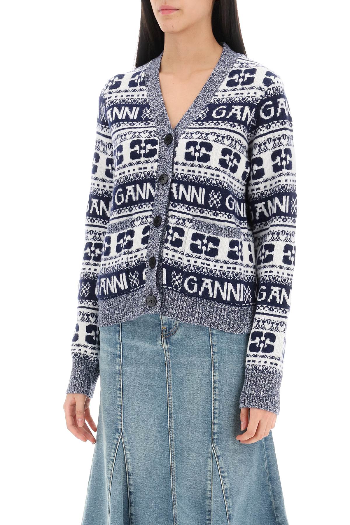 Ganni jacquard wool cardigan with logo pattern-3