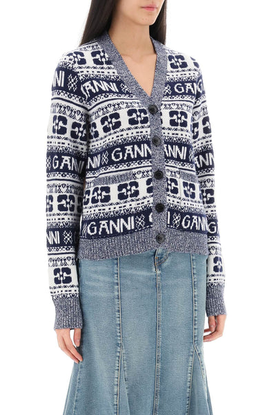 Ganni jacquard wool cardigan with logo pattern-1
