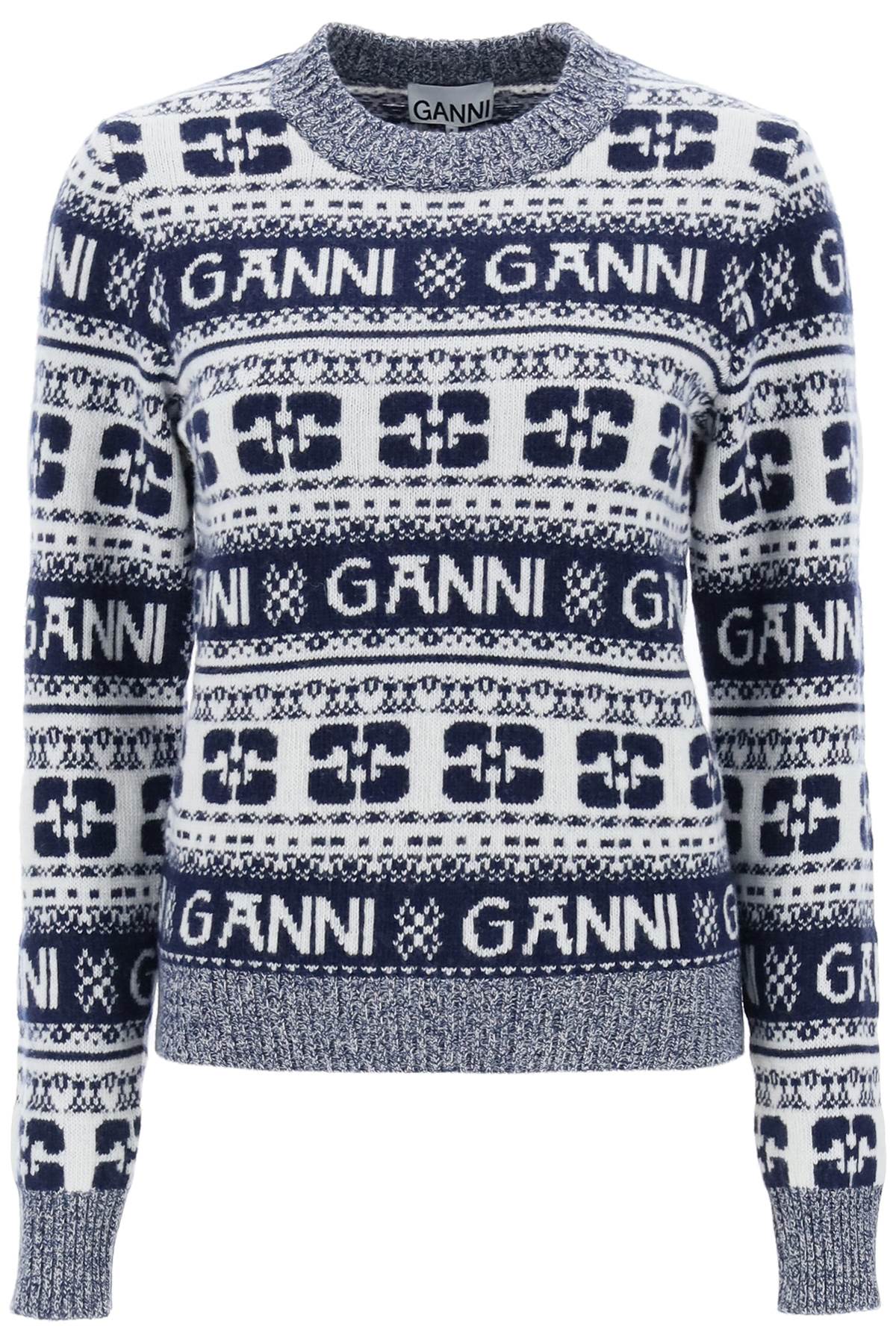 Ganni jacquard wool sweater with logo pattern-0