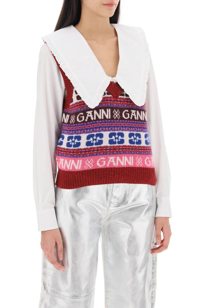 Ganni jacquard wool vest with logo pattern-1