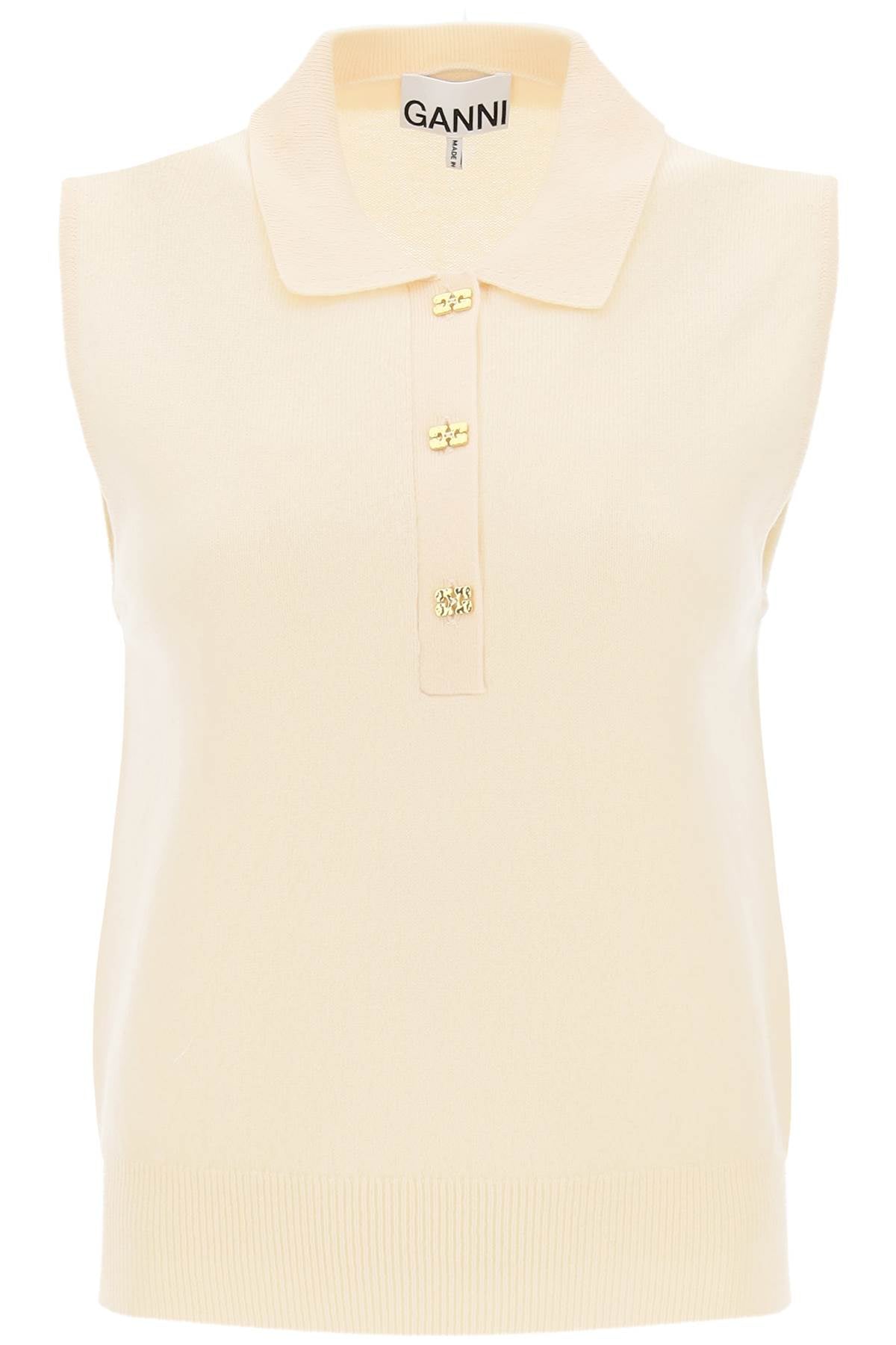 Ganni sleeveless polo shirt in wool and cashmere-0