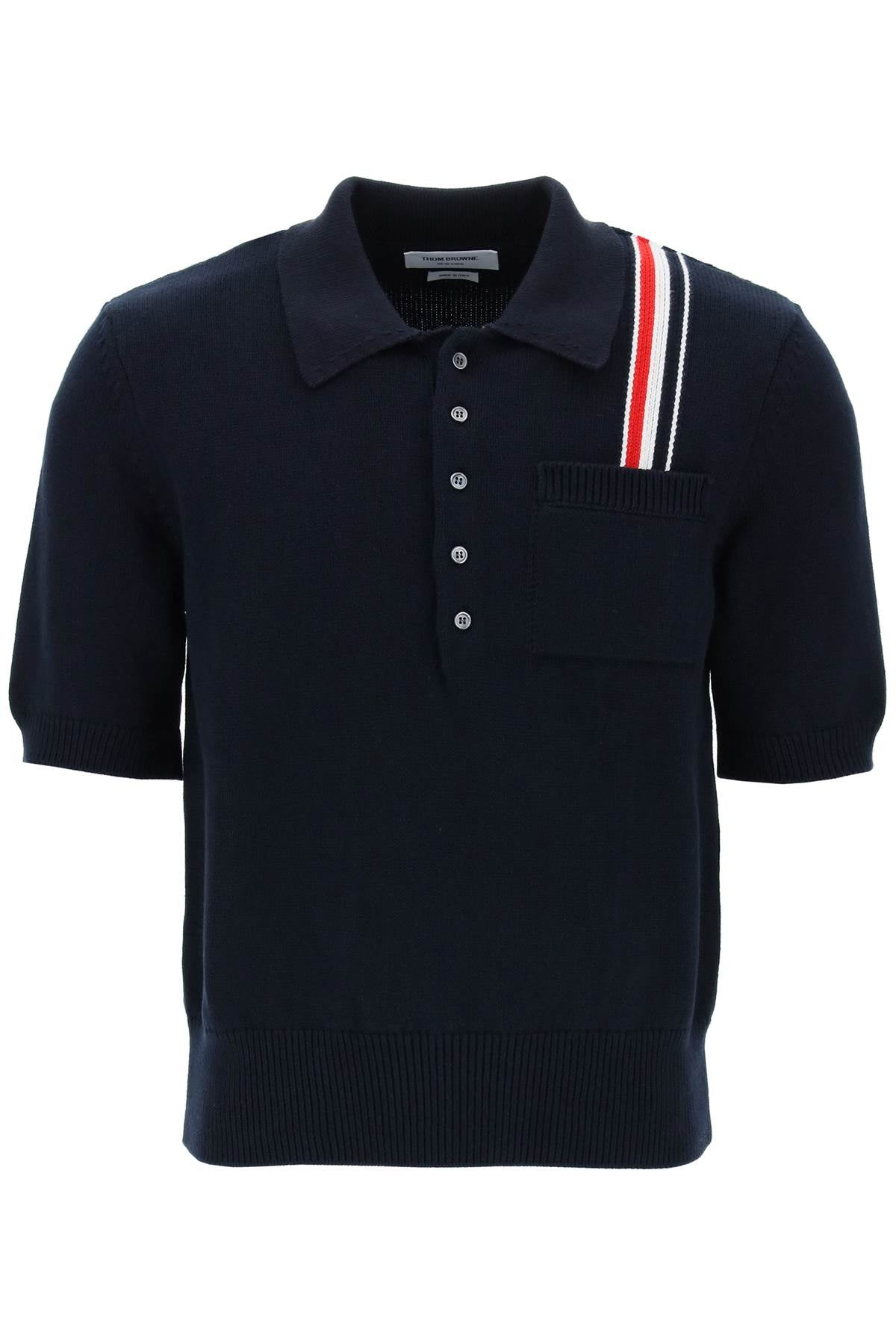 Thom browne cotton knit polo shirt with rwb stripe-0