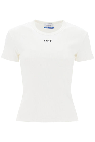 Off-white ribbed t-shirt with off embroidery-0
