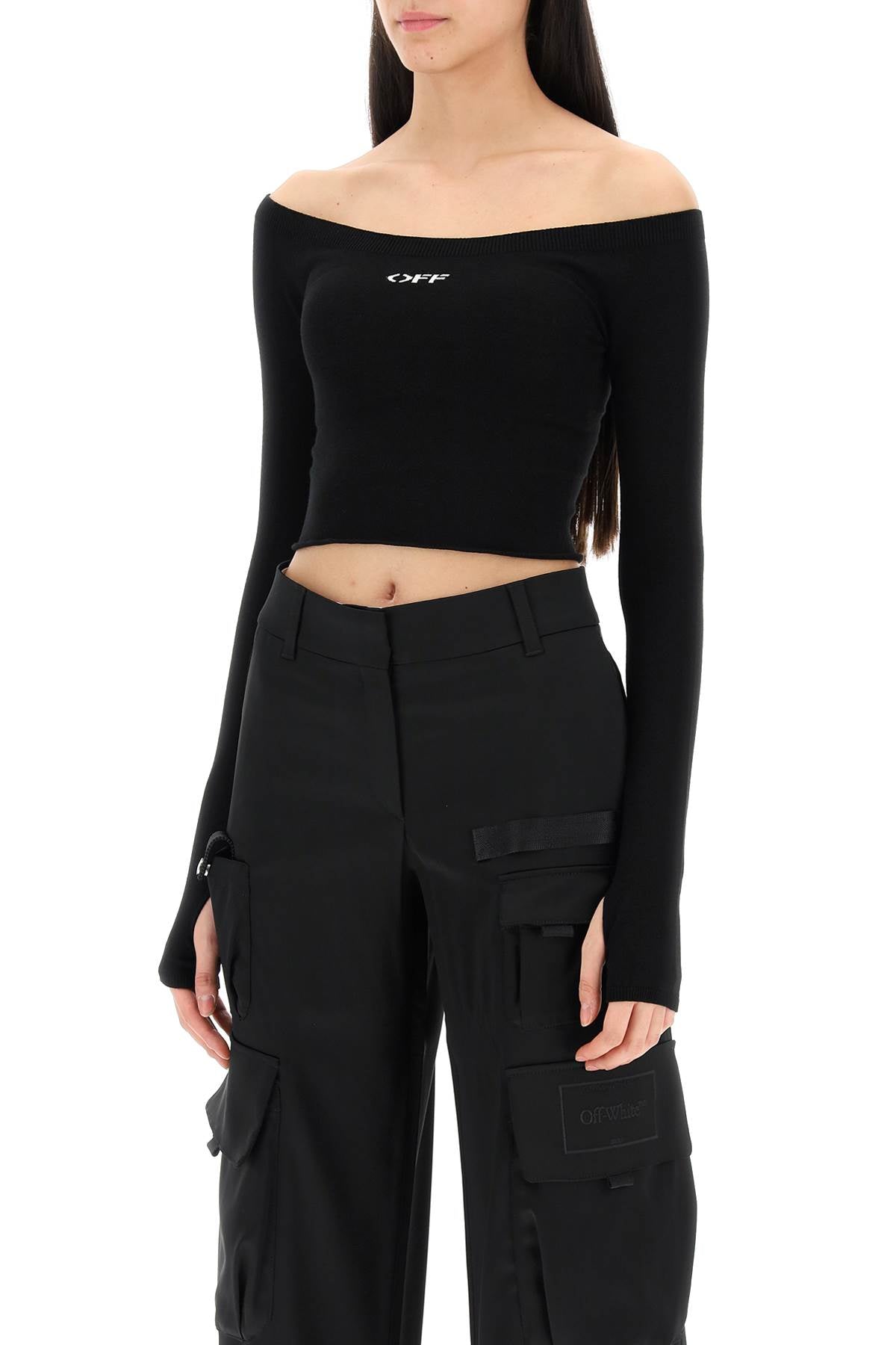 Off-white knitted off-shoulder cropped top-3