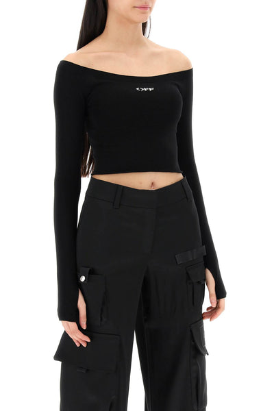 Off-white knitted off-shoulder cropped top-1