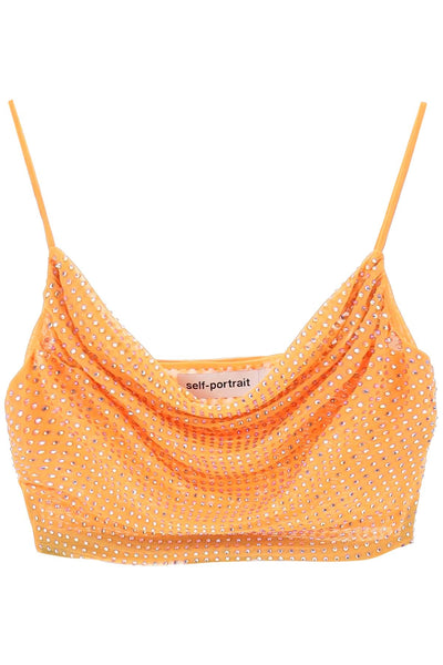Self portrait cropped top in mesh with rhinestones all-over-0