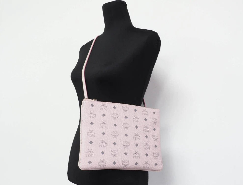 MCM Portuna  Visetos Powder Pink Coated Canvas Flat Pouch Crossbody Bag Crossbody Bags - Women - Bags, feed-1, MCM at SEYMAYKA