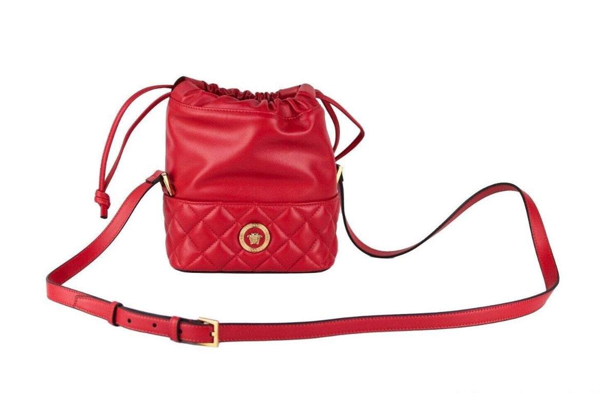 Versace Red Quilted Leather Drawstring Shoulder Bag Bucket Crossbody Handbag Crossbody Bags - Women - Bags, feed-1, Versace at SEYMAYKA