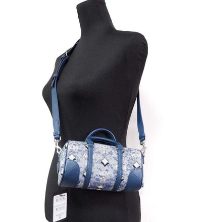 MCM Boston Mini Blue Vintage Jacquard Logo Fabric Satchel Crossbody Handbag Crossbody Bags - Women - Bags, feed-1, MCM at SEYMAYKA