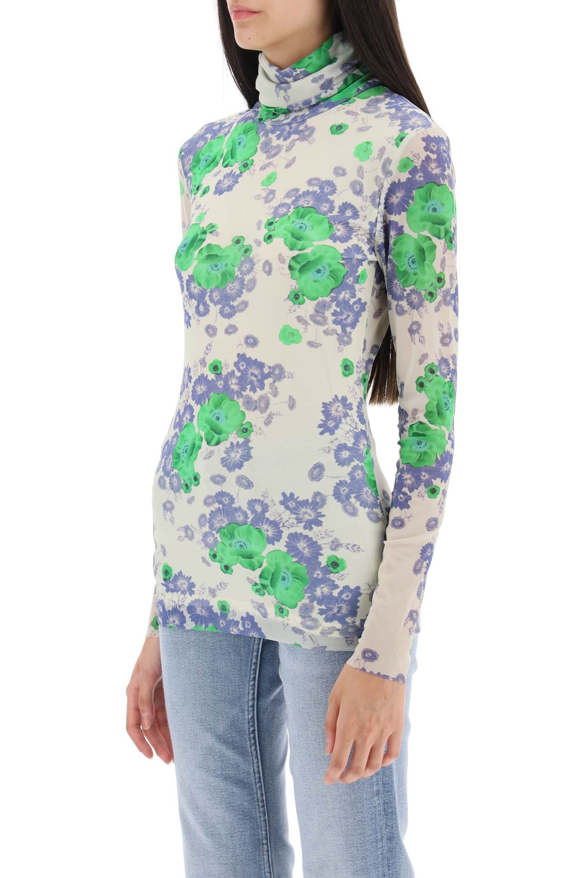 Ganni long-sleeved top in mesh with floral pattern-3