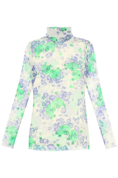 Ganni long-sleeved top in mesh with floral pattern-0