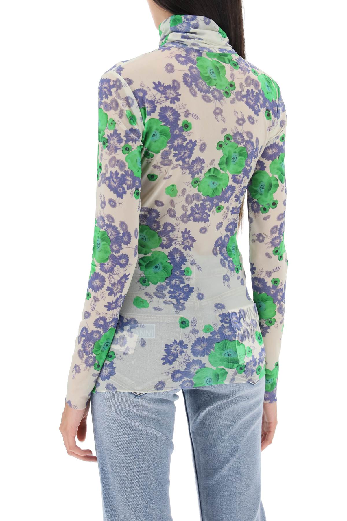 Ganni long-sleeved top in mesh with floral pattern-2