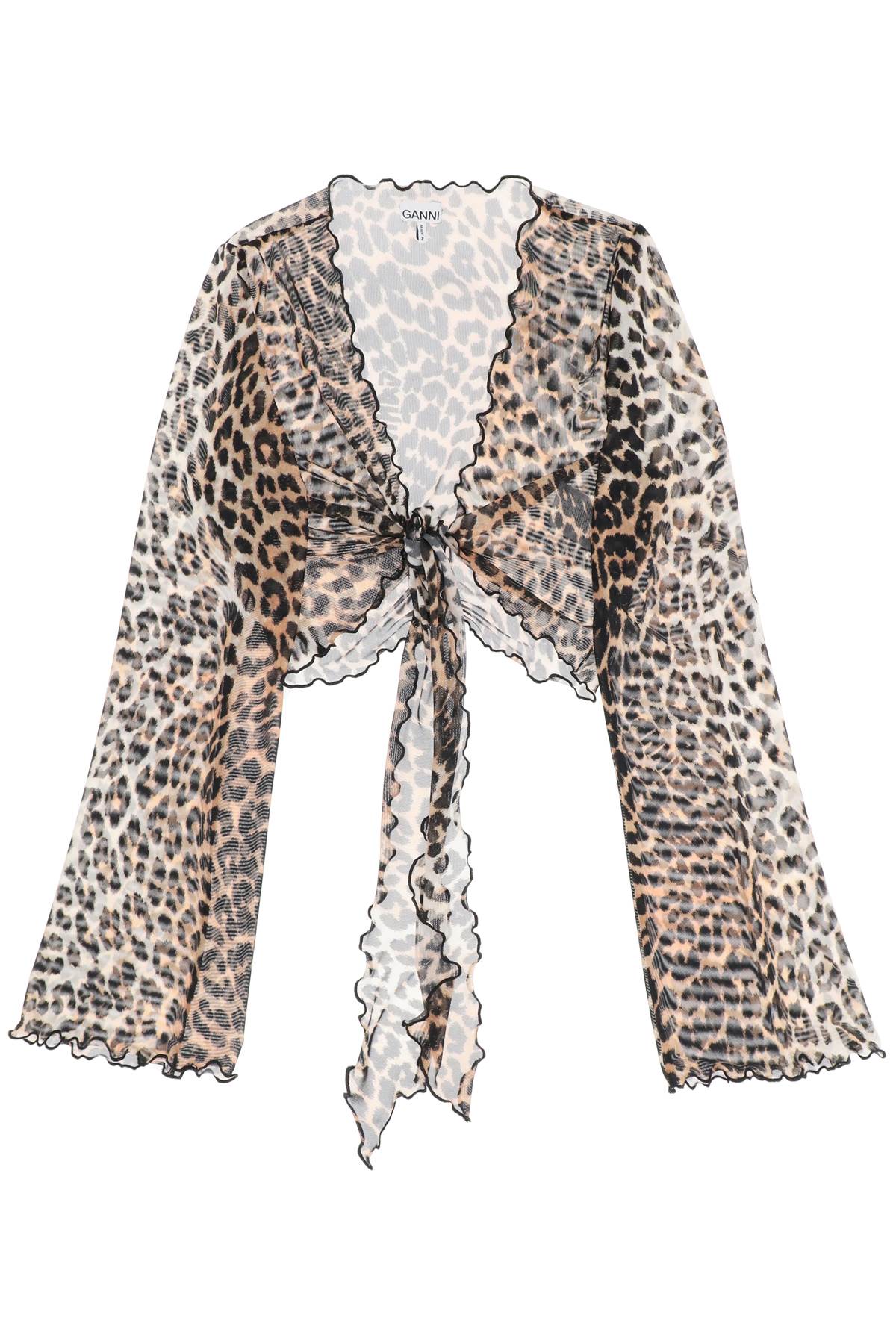 Ganni cover up cropped top in mesh with leopard print-0