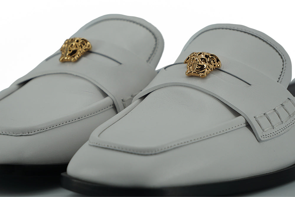 Versace White Calf Leather Slides Flat Shoes